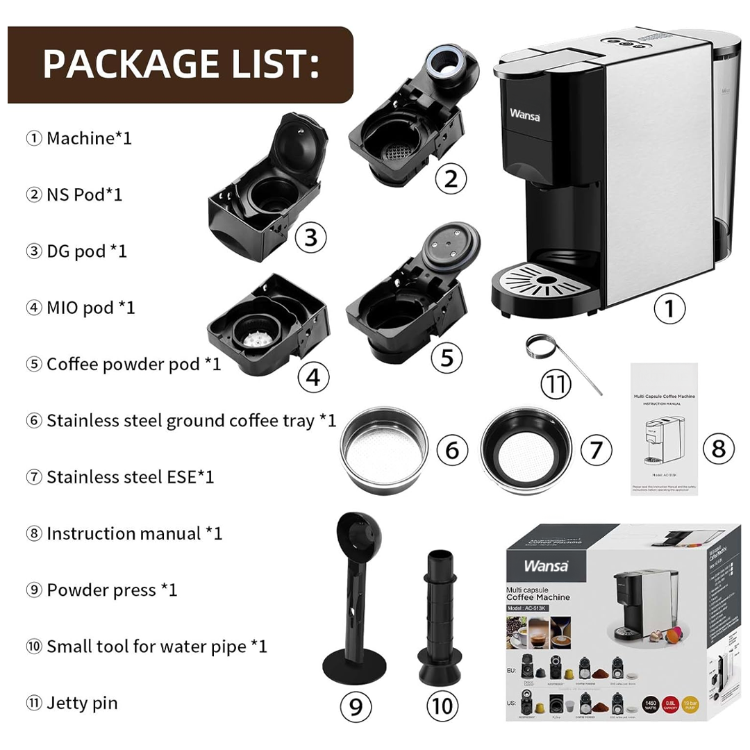 Wansa Upgrade 5 in 1 Espresso Single Serve Coffee Machine for Nespresso Original/Dolce Gusto/Mio/Ground Capsule and ESE Coffee Pods,19 Bar Automatic Compatible Capsule Coffee Machine