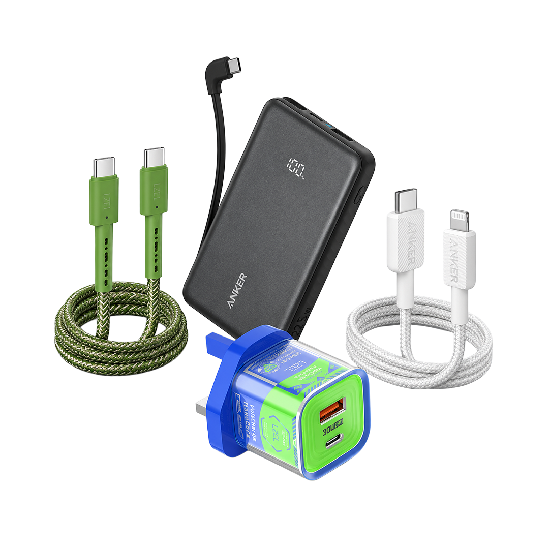 LZEL & Anker Charging Bundle – USB-C to Lightning Cable, USB-C to USB-C Cable, 10,000mAh Power Bank & 30W GaN Wall Charger