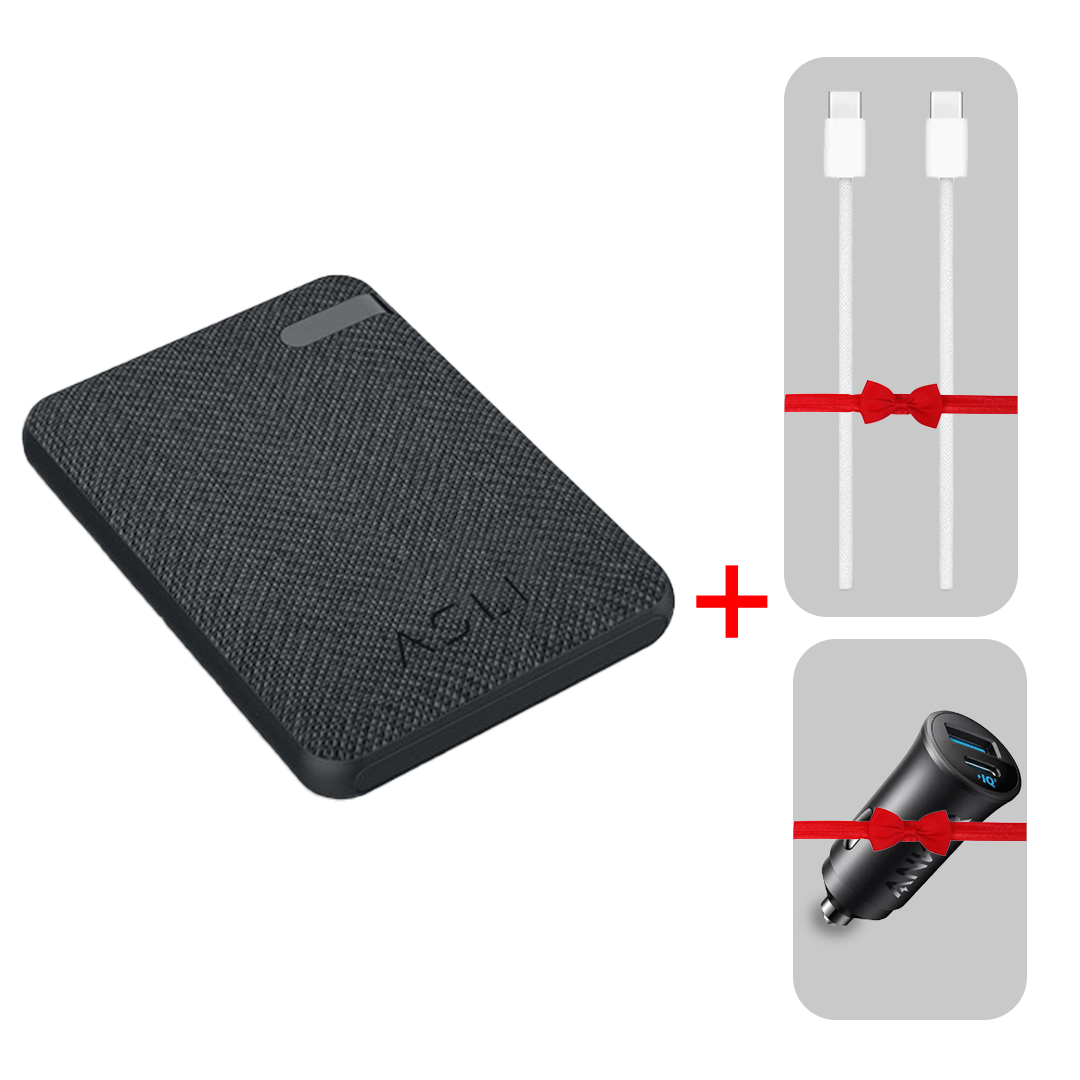 Bundle Offer Asli Global Charge Prime Luxe 5000mAh PD Type-C Mini Power Bank Black + Apple USB-C Charge Cable 60W 1M +  Anker Car Charger 30W 2 Ports