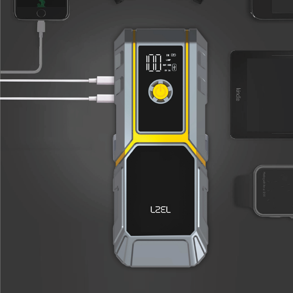 معزز لبطارية السيارة EnergizeIgnite X من ليزل مع ضاغط الهواء و مصباح LED بسعة 12 ألف مللي أمبير | رمادي / أصفر