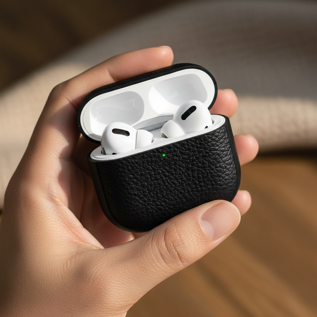 LZEL Airpods 4 Aurum Guard Premium TPU Leather Case | Black