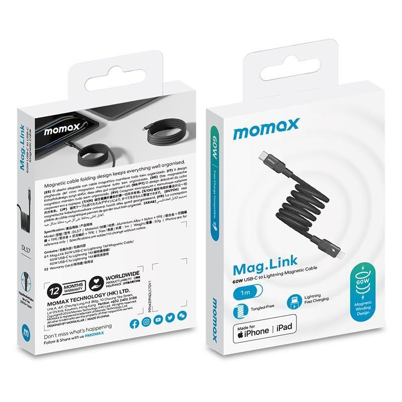 كيبل Momax Mag.Link بطرف USB-C إلى Lightning مغناطيسي 60 واط بطول 1 متر | أسود