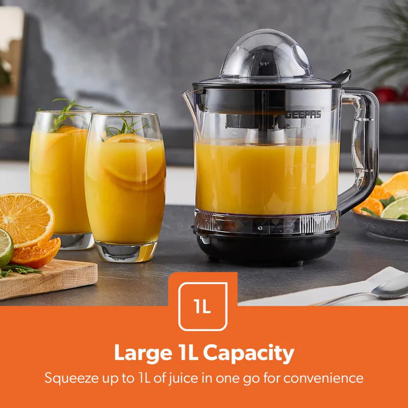 Geepas Citrus Juicer | 1.0L Large Capacity | Two-Way Rotation for Maximum Extraction | Durable Copper Motor | 25W Power | Easy to Clean
