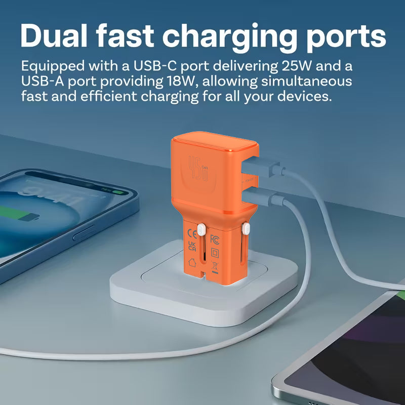 LZEL TravelPro Series Dual Port GaN Travel Wall Charger 45W I Dual Type-C Output I Global compatibility I Orange