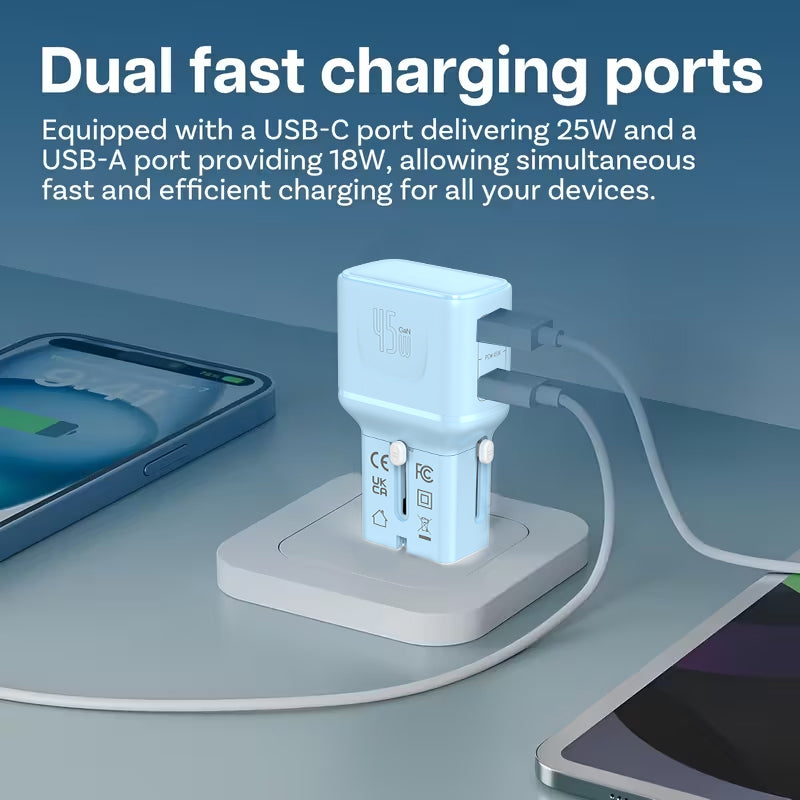 شاحن حائط للسفر من سلسلة ترافل برو من ليزل بقدرة 45 واط، بمنفذين من نوع تايب سي، ومتوافق عالميًا | أزرق