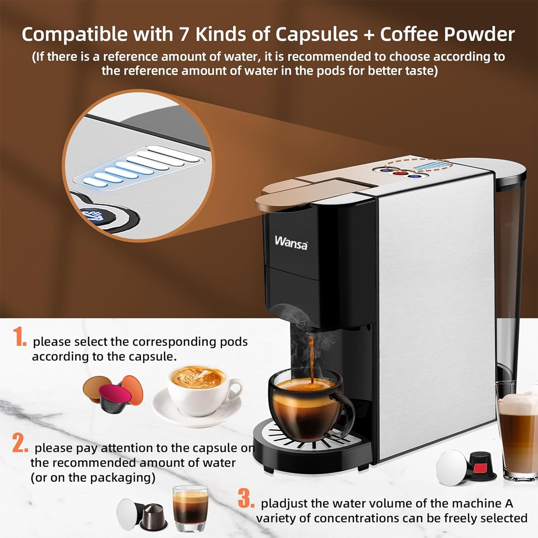 Wansa Upgrade 5 in 1 Espresso Single Serve Coffee Machine for Nespresso Original/Dolce Gusto/Mio/Ground Capsule and ESE Coffee Pods,19 Bar Automatic Compatible Capsule Coffee Machine