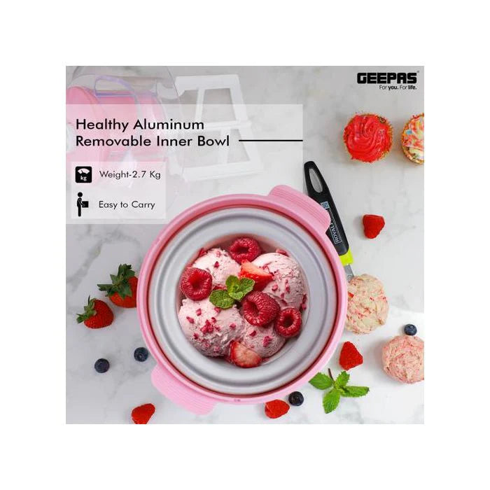 Geepas Ice Cream Maker Machine | BPA-Free, Makes Delicious Soft Ice Cream, Gelato, Frozen Yogurt & Sorbet, Easy-to-Clean Aluminum Bowl, 1.5QT