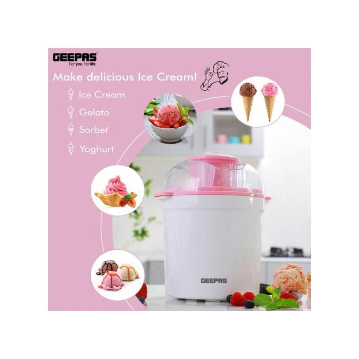 Geepas Ice Cream Maker Machine | BPA-Free, Makes Delicious Soft Ice Cream, Gelato, Frozen Yogurt & Sorbet, Easy-to-Clean Aluminum Bowl, 1.5QT