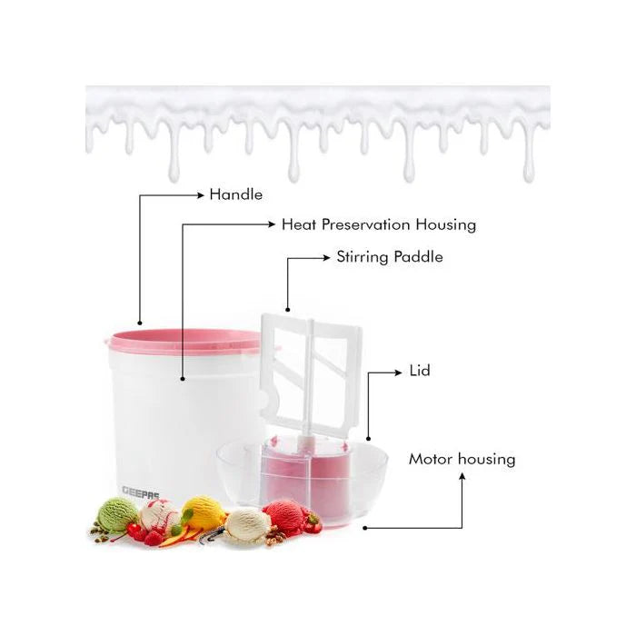 Geepas Ice Cream Maker Machine | BPA-Free, Makes Delicious Soft Ice Cream, Gelato, Frozen Yogurt & Sorbet, Easy-to-Clean Aluminum Bowl, 1.5QT