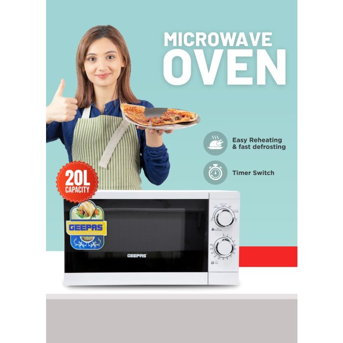 Geepas 20L Solo Microwave Oven – 1200W, 6 Power Levels, Timer, 2 Rotary Dials, Defrost Function, White