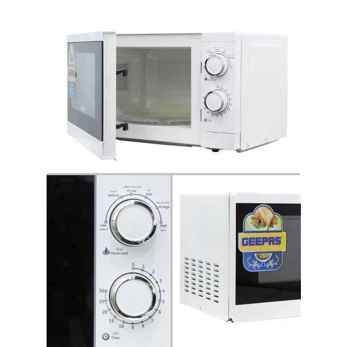 Geepas 20L Solo Microwave Oven – 1200W, 6 Power Levels, Timer, 2 Rotary Dials, Defrost Function, White