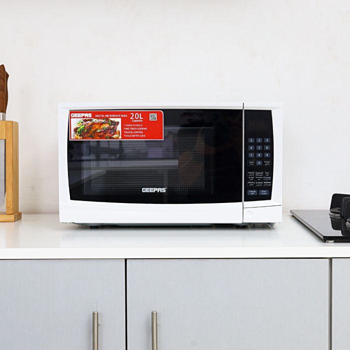 Geepas Digital Microwave Oven | 20L Capacity | 1200W Power | Digital Control Panel | One-Touch Cooking Functions | Defrost & Reheat Options