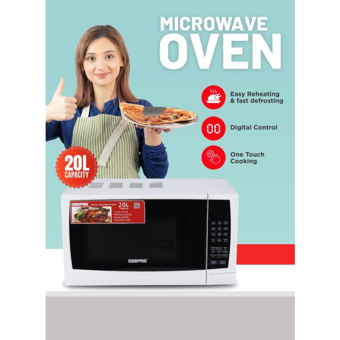 Geepas Digital Microwave Oven | 20L Capacity | 1200W Power | Digital Control Panel | One-Touch Cooking Functions | Defrost & Reheat Options
