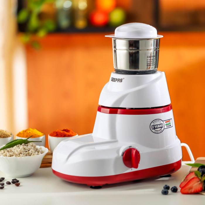 Geepas 2-IN-1 Mixer Grinder | 550W Powerful Motor with Stainless Steel Jars and Blades, Unbreakable Polycarbonate Jar Caps | Ergonomic Design, Overload Protector