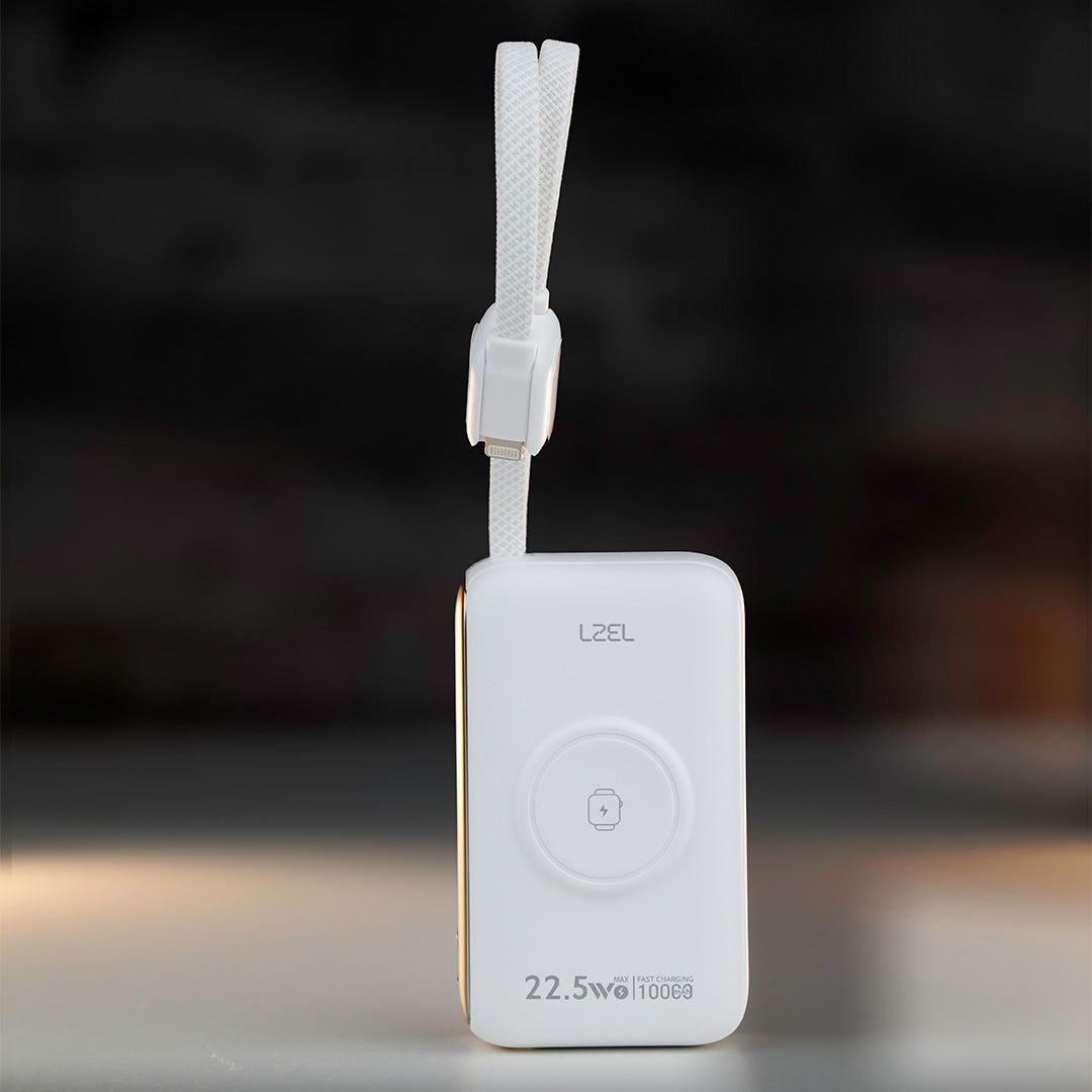 باور بانك LZEL Ampflow10 Mini – سعة 10000 مللي أمبير | شحن سريع 22.5 واط | كابلات مدمجة Type-C و Lightning | شحن لاسلكي