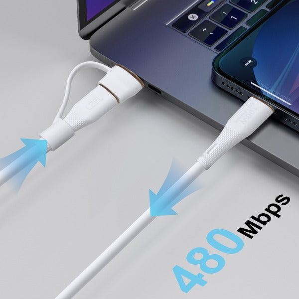 LZEL Celeris PowerDuo – 2-in-1 USB-C to USB-C 100W Silicone Cable (2m) Built-in USB-A connector