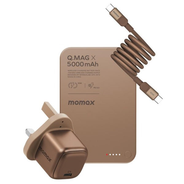 طقم شحن Momax 3 في 1: شاحن GaN 30 واط + كابل مغناطيسي USB-C 60 واط + بنك طاقة لاسلكي 5000 مللي أمبير