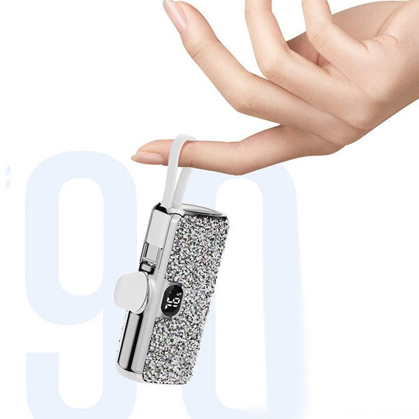 Asli Global 5000mAh PowerPod Luxe Lightning Mini Diamond PowerBank with Built in Type-C Cable | Silver