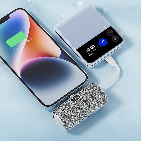 Asli Global 5000mAh PowerPod Luxe Lightning Mini Diamond PowerBank with Built in Type-C Cable | Silver