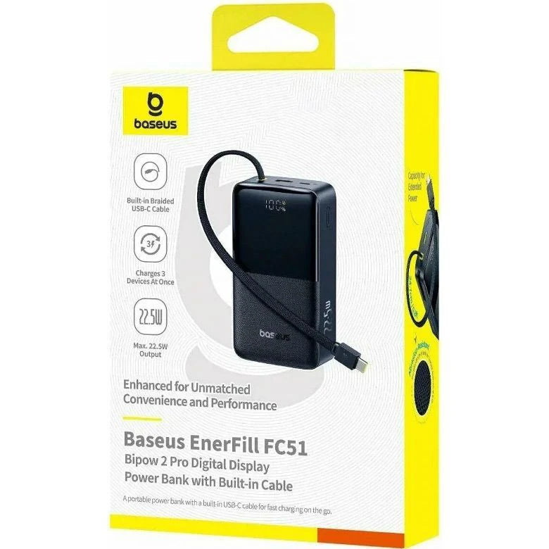 باور بانك Baseus EnerFill FC51 Bipow2 Pro بشاشة رقمية مع كابل مدمج بسعة 30000mAh وقدرة 22.5 واط | أسود 