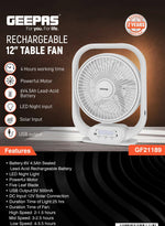 GEEPAS 12-Inch Rechargeable Table Fan with 5 Blades
