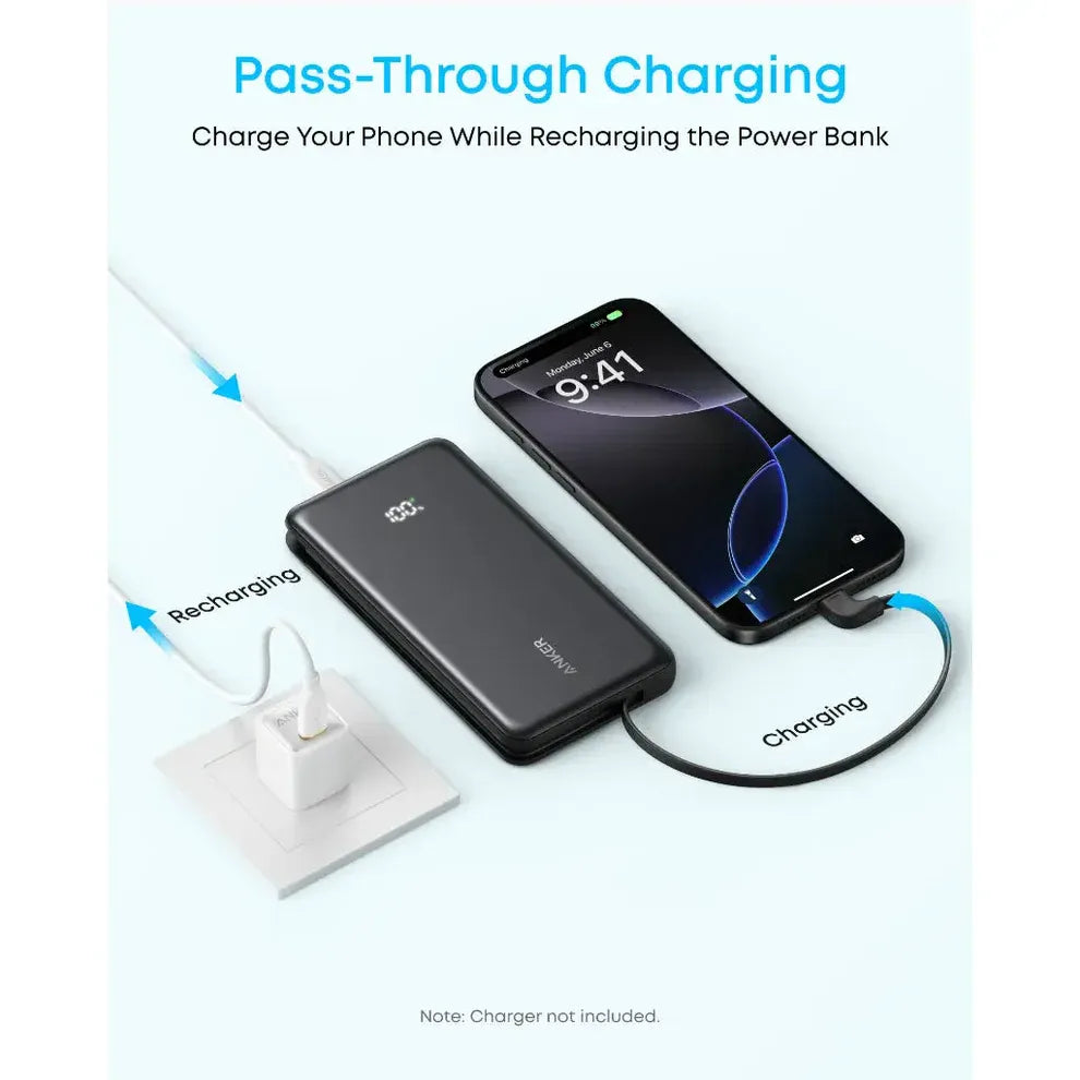 باور بانك أنكر Zolo بسعة 10,000 مللي أمبير – شحن سريع 22.5 واط مع كابل USB-C مدمج | أسود