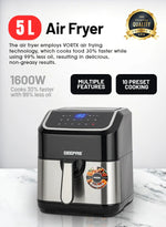Geepas Digital Air Fryer 5L Touch Screen Vortex Timer 50-200°C