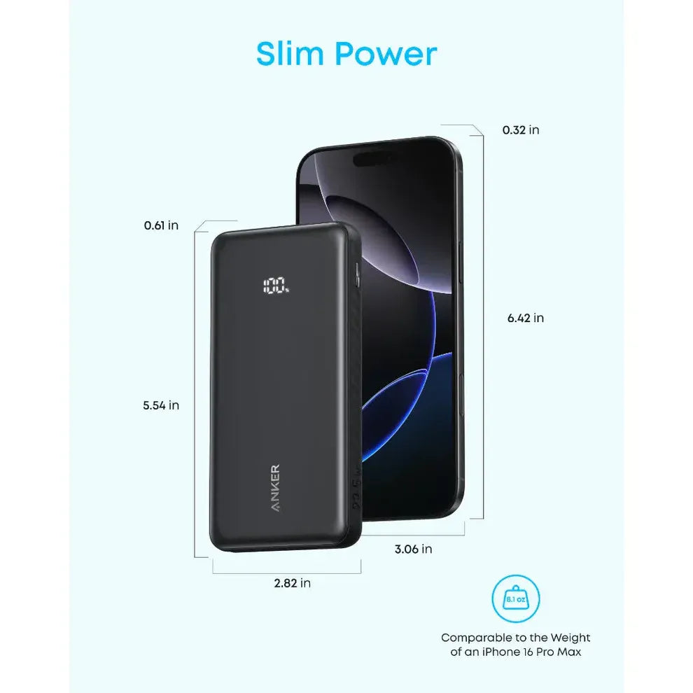 باور بانك أنكر Zolo بسعة 10,000 مللي أمبير – شحن سريع 22.5 واط مع كابل USB-C مدمج | أسود