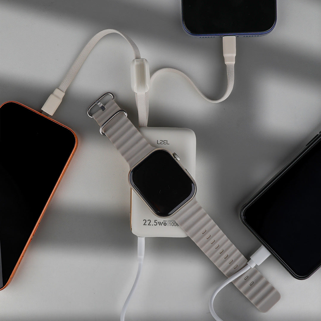 باور بانك LZEL Ampflow10 Mini – سعة 10000 مللي أمبير | شحن سريع 22.5 واط | كابلات مدمجة Type-C و Lightning | شحن لاسلكي