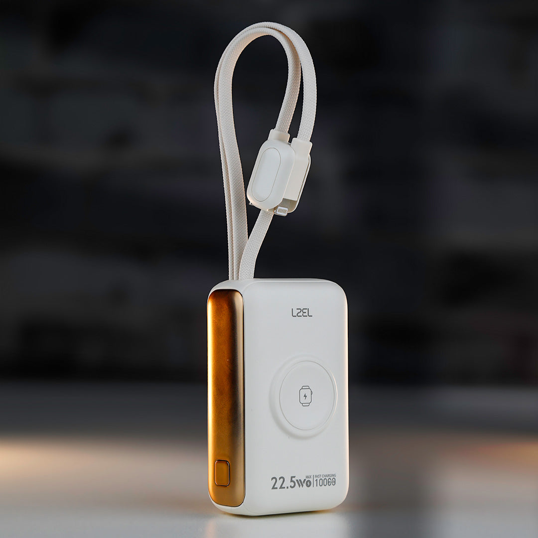 باور بانك LZEL Ampflow10 Mini – سعة 10000 مللي أمبير | شحن سريع 22.5 واط | كابلات مدمجة Type-C و Lightning | شحن لاسلكي