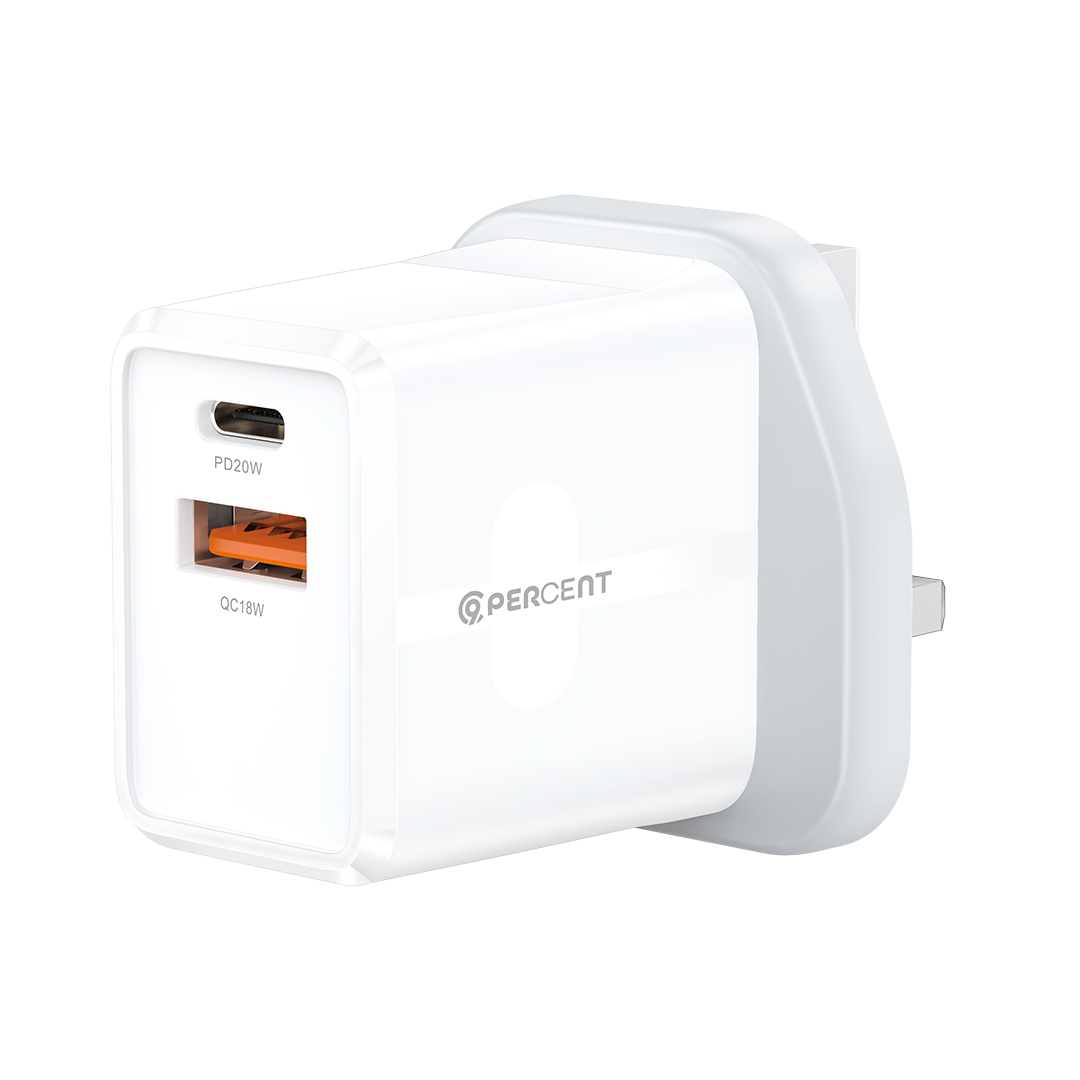 شاحن حائط USB بقوة 20 واط مزدوج المنافذ من ‎90 Percent ‎THUNDERNEO Volt | أبيض