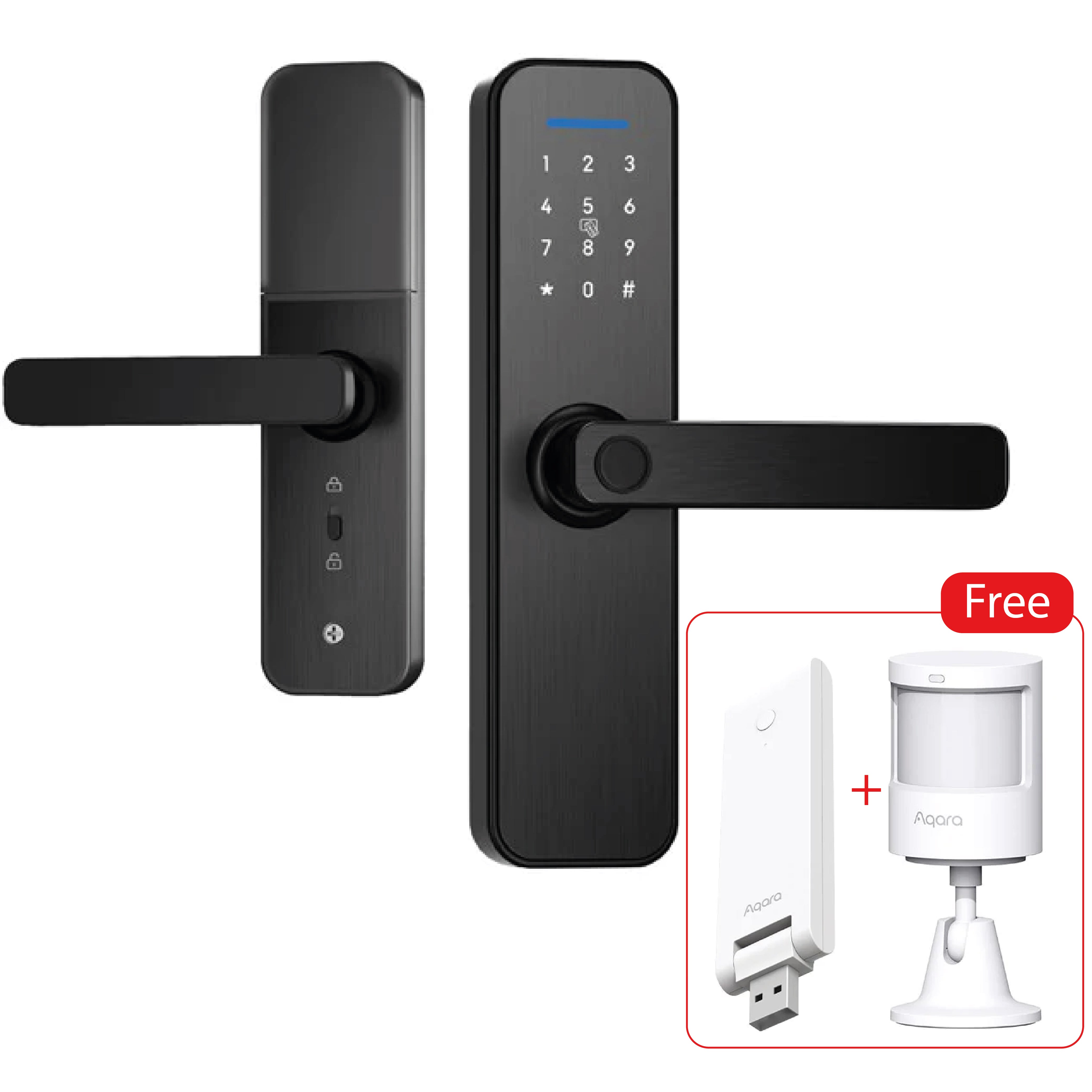 LZEL Smart Door Lock Black With Aqara Motion Sensor + Aqara HUB E1