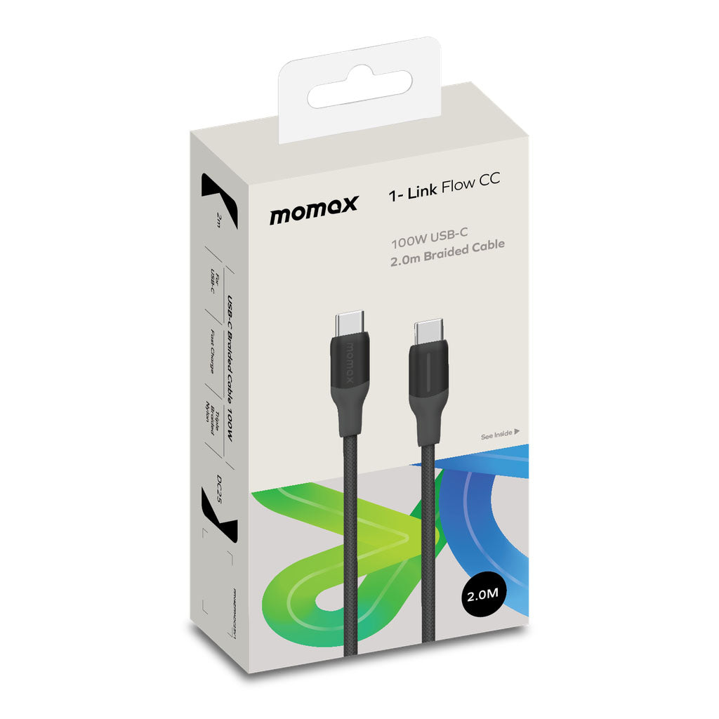 كيبل شحن Momax DC25D 1-Link Flow CC بقوة 100 واط USB-C إلى USB-C بطول 2 متر | أسود