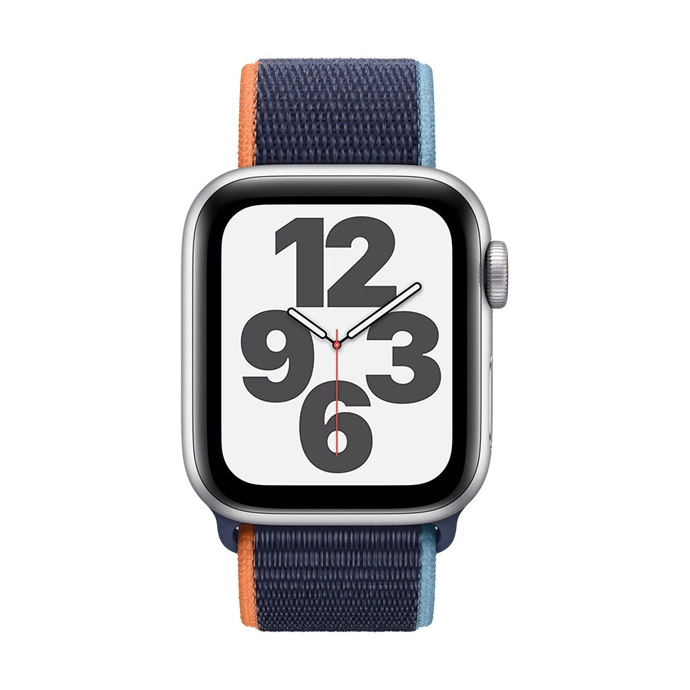 ساعة آبل واتش اس إي - GPS + Cellular - مقاس 44 ملم - بهيكل من الألومنيوم الفضي مع سوار Sport Loop بلون Deep Navy