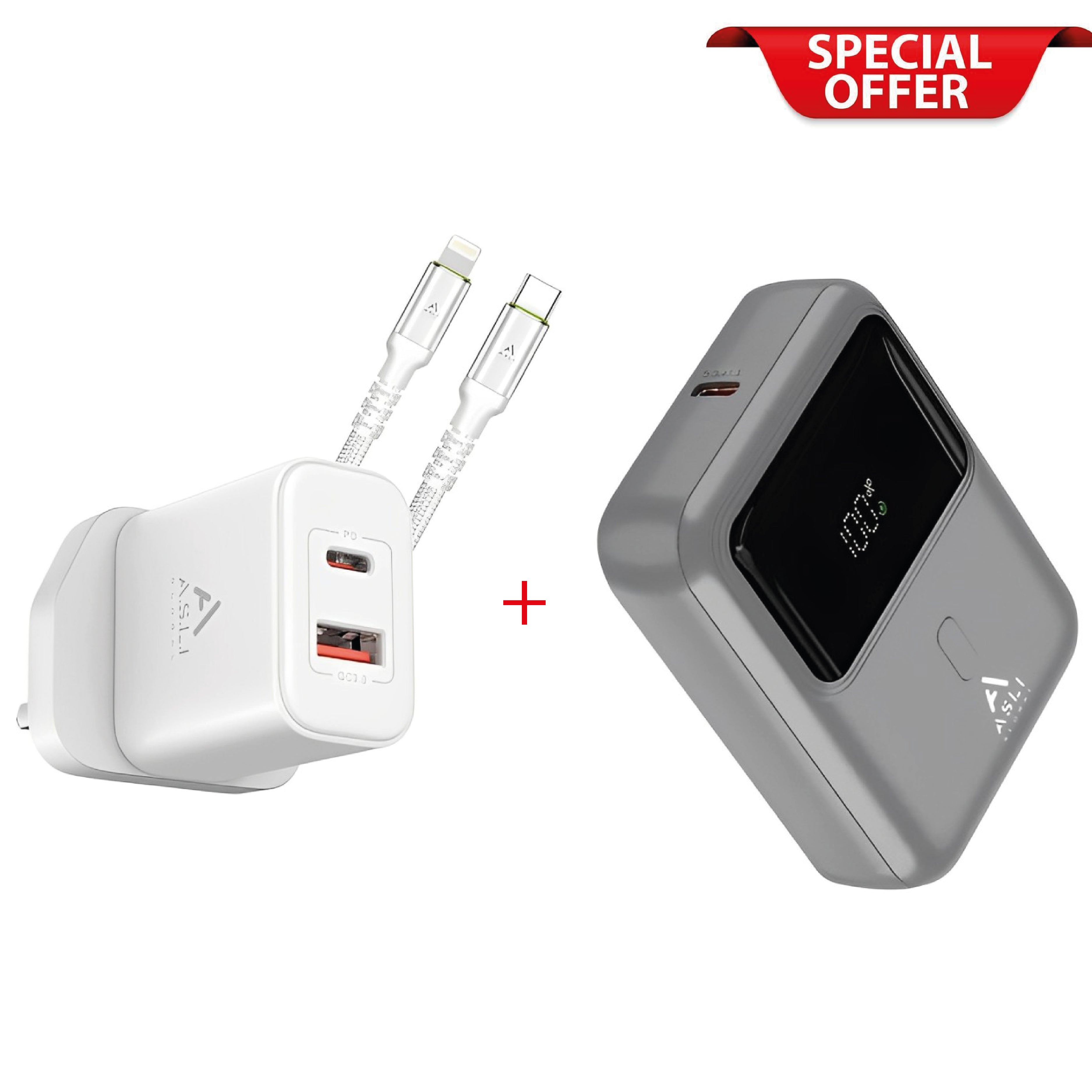 Asli Global 10000mah Charge Pro Luxe PowerBank + Asli Global 20W Wall Charger With 1M USB-C to Lightning