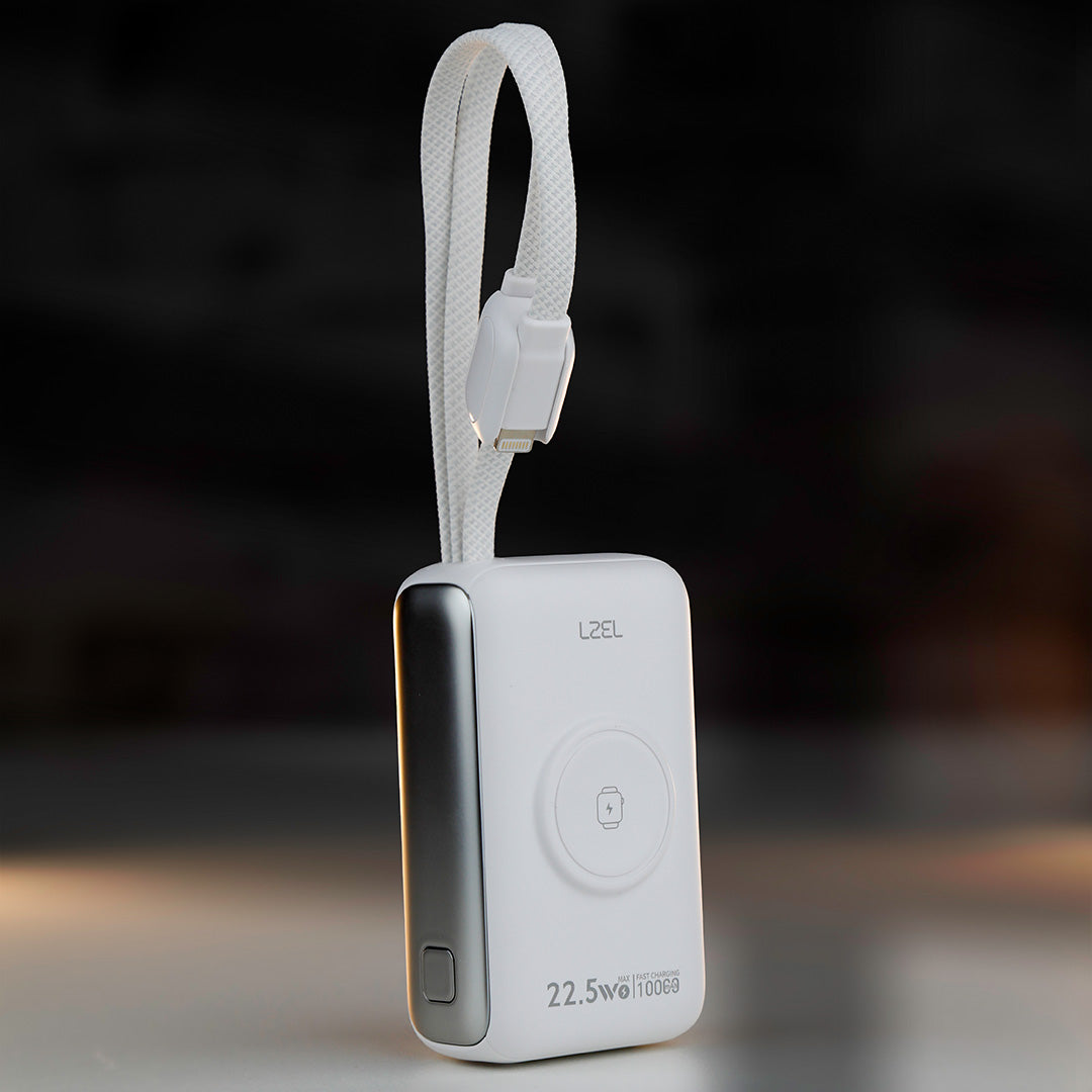 باور بانك LZEL Ampflow10 Mini – سعة 10000 مللي أمبير | شحن سريع 22.5 واط | كابلات مدمجة Type-C و Lightning | شحن لاسلكي