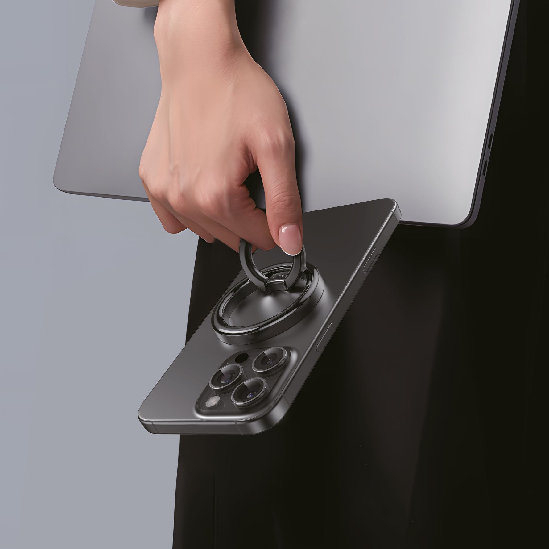 حامل للهاتف من أسلي جلوبال مغناطيسي حلقي لامع | أسود