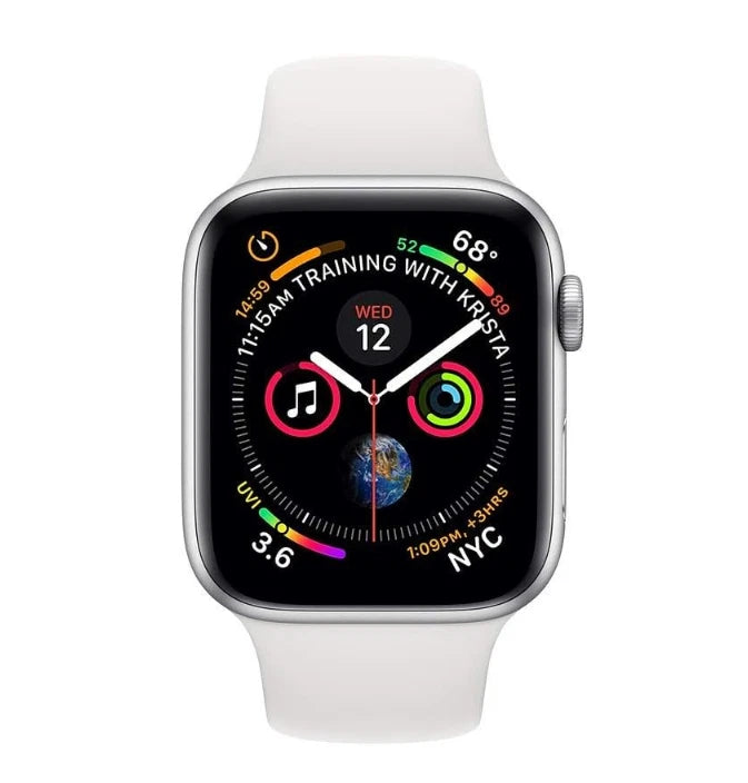 ساعة آبل واتش سيريس 4 - GPS + Cellular - مقاس 44 ملم - بهيكل من الألومنيوم الفضي مع سوار رياضي أبيض