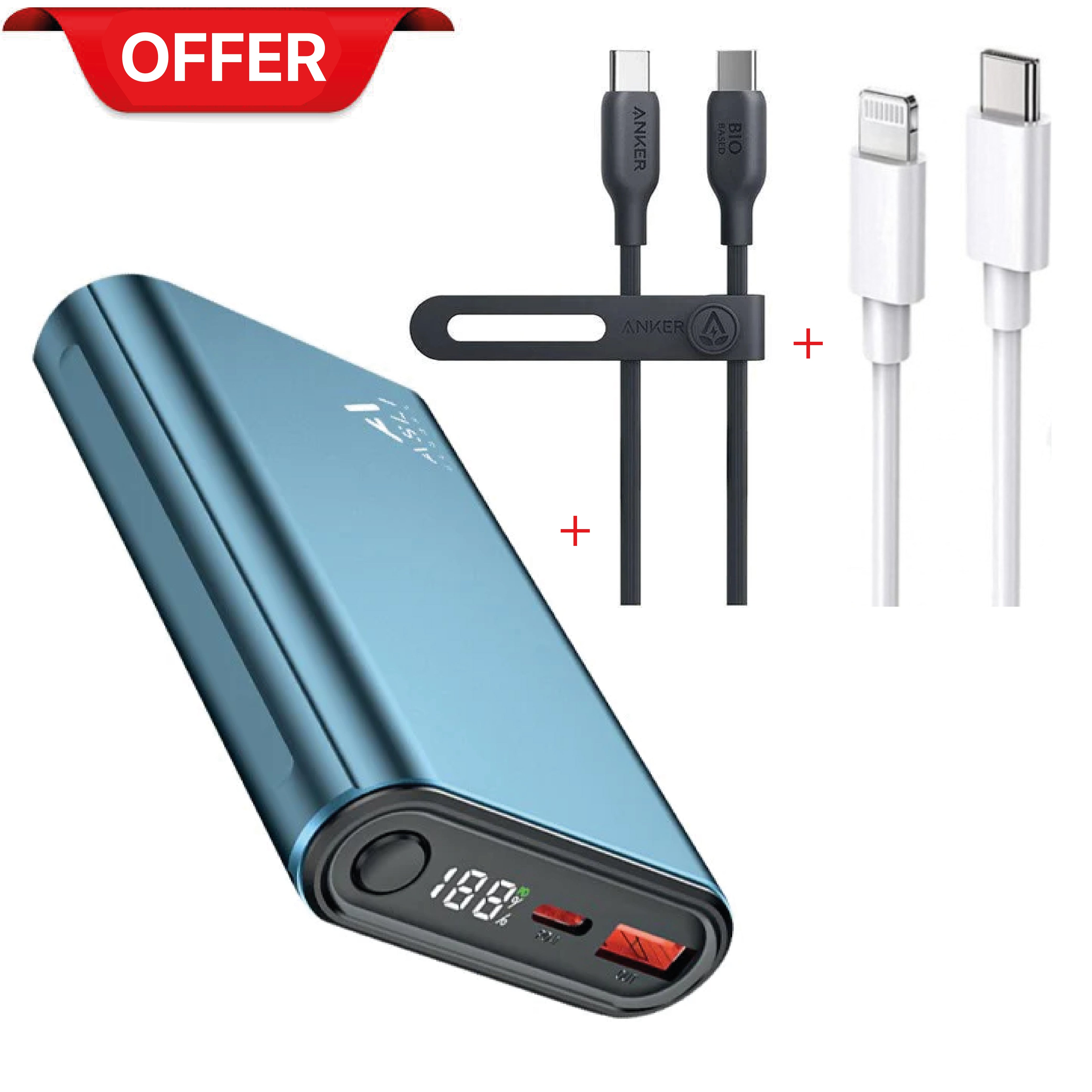 Asli Global Charge PowerBank 10000 mAh +Anker Cable USB-C to USB-C+Apple Cable USB-C to Lightning