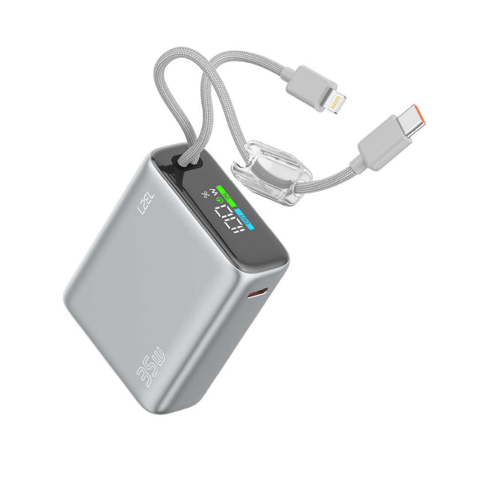  باور بانك من Lzel Neurovolt 10K PD 35W مع كابلات USB-C وLightning | فضي