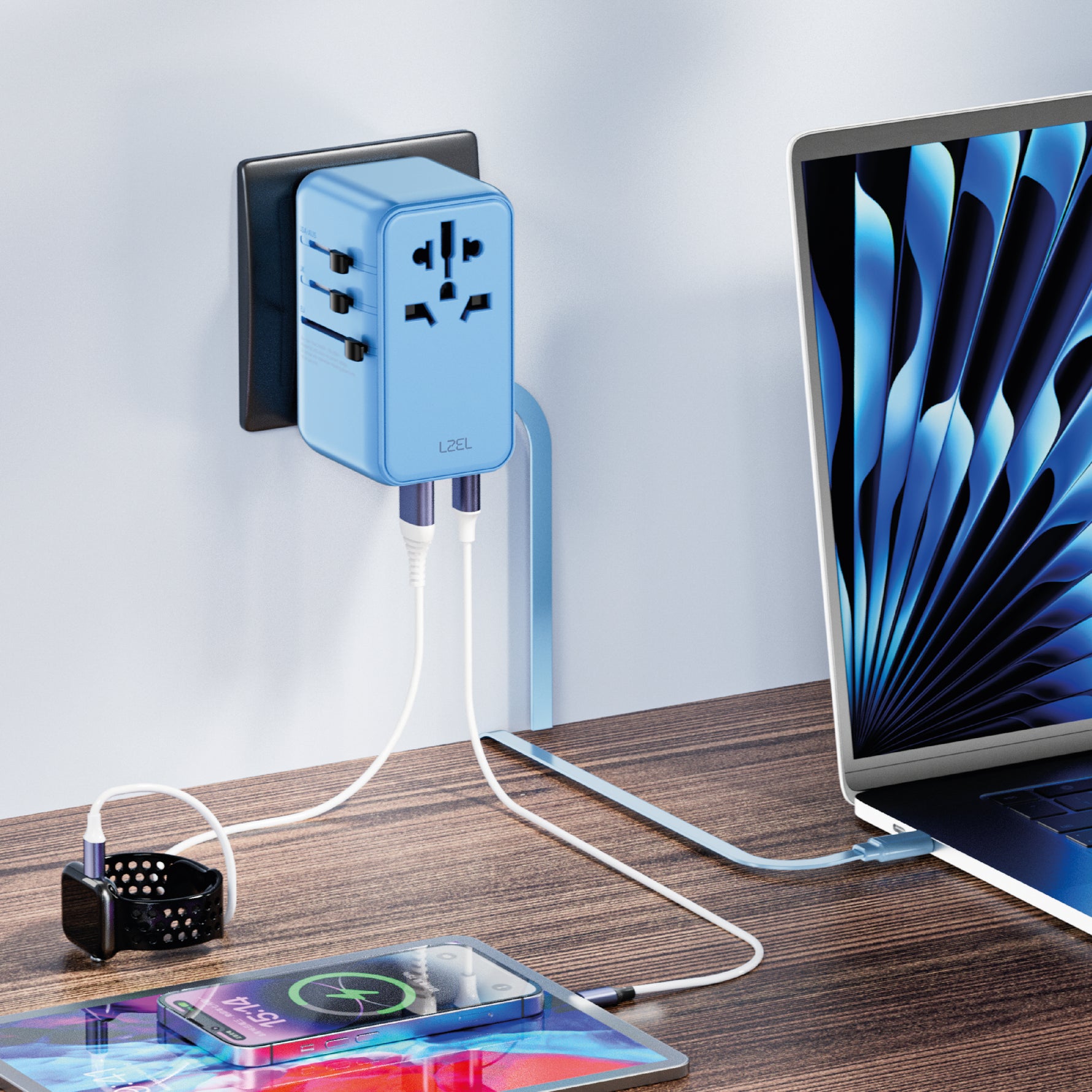 LZEL Voyage Elite Travel 45W GaN USB-C Fast Charging Adapter With Type-C Cable | Blue