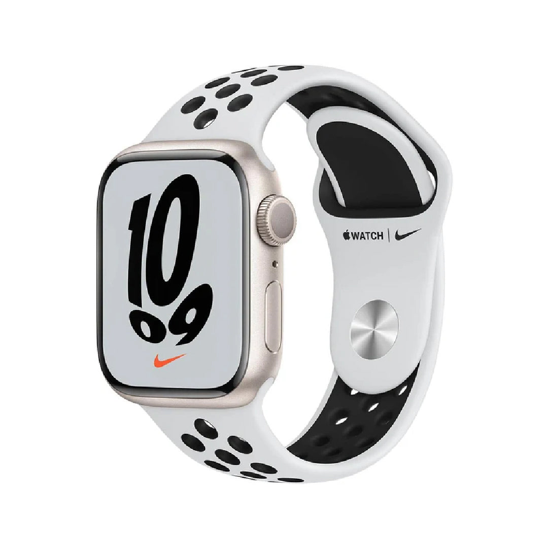 سساعة Apple Watch Series 7 نايكي - GPS - مقاس 41 ملم - بهيكل من الألومنيوم بلون Starlight مع سوار نايكي الرياضي بلون Pure Platinum/أسود - مقاس عادي (Regular)