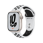 ساعة Apple Watch Series 7 نايكي - GPS - مقاس 45 ملم - بهيكل من الألومنيوم بلون Starlight مع سوار نايكي الرياضي بلون Pure Platinum/أسود - مقاس عادي (Regular)