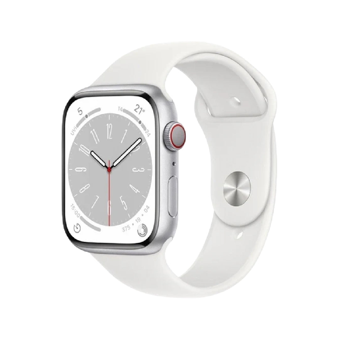 ساعة Apple Watch Series 8 (GPS + Cellular) مقاس 41 مم – هيكل ألومنيوم فضي مع سوار رياضي أبيض