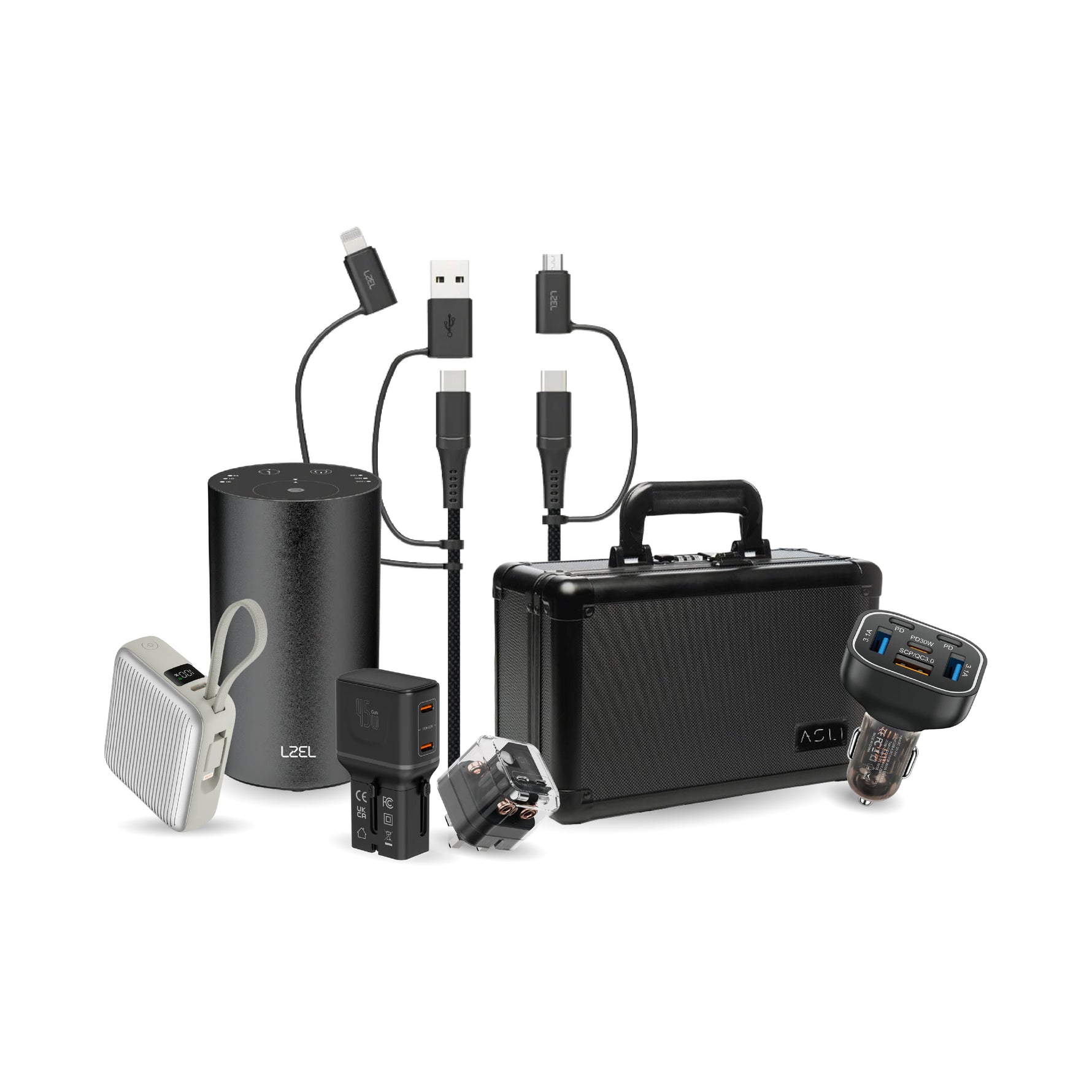 Ramadan Bundle – 35W & 45W Fast Chargers, 63W Car Charger, 10000mAh Power Bank, 5-in-1 Charging Cable, Mini Aroma Diffuser & Travel Bag