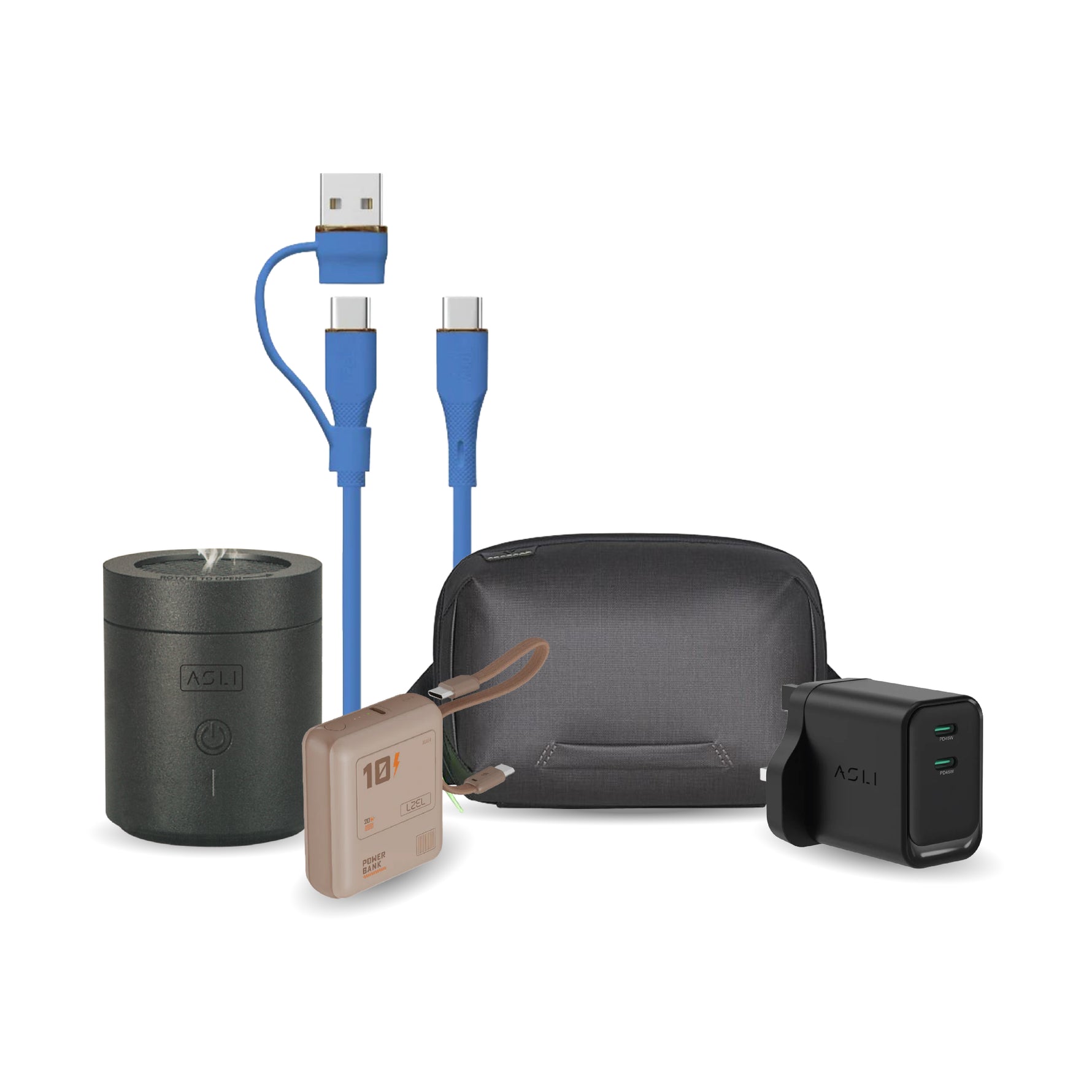 Ramadan Bundle - Electric Bakhoor Incense Burner, 45W GaN Dual USB-C Fast Charger, 10000mAh 20W PD Power Bank, 100W USB-C Cable & Accessories Pouch