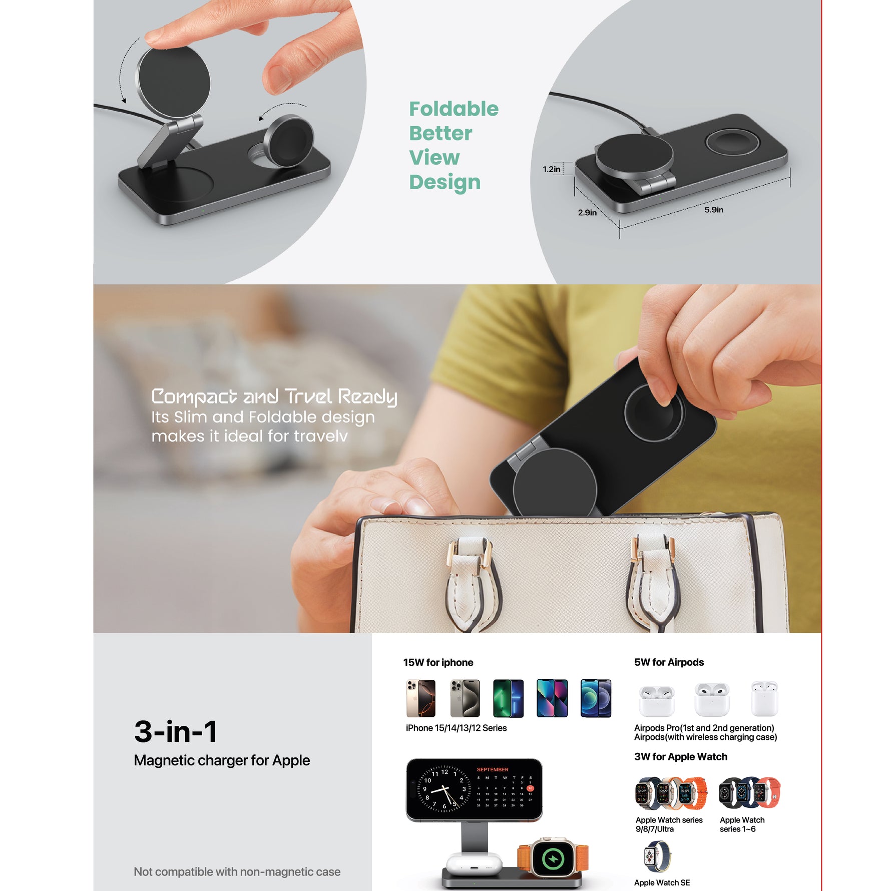 شحن لاسكلي MagFlecto TriPower من ليزل 5في1 قابلة للطي 15واط كحد أقصى PD | أسود