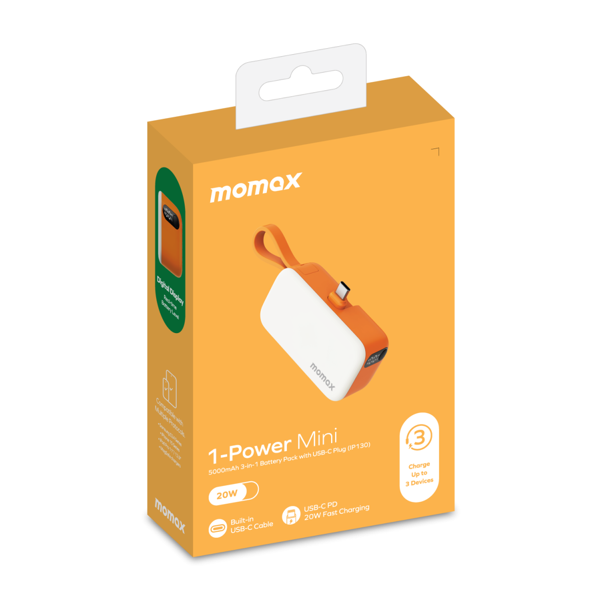 بطارية شحن 1-Power ميني 5000 مللي أمبير في الساعة بطارية USB C قابلة للطي من Momax | برتقالي