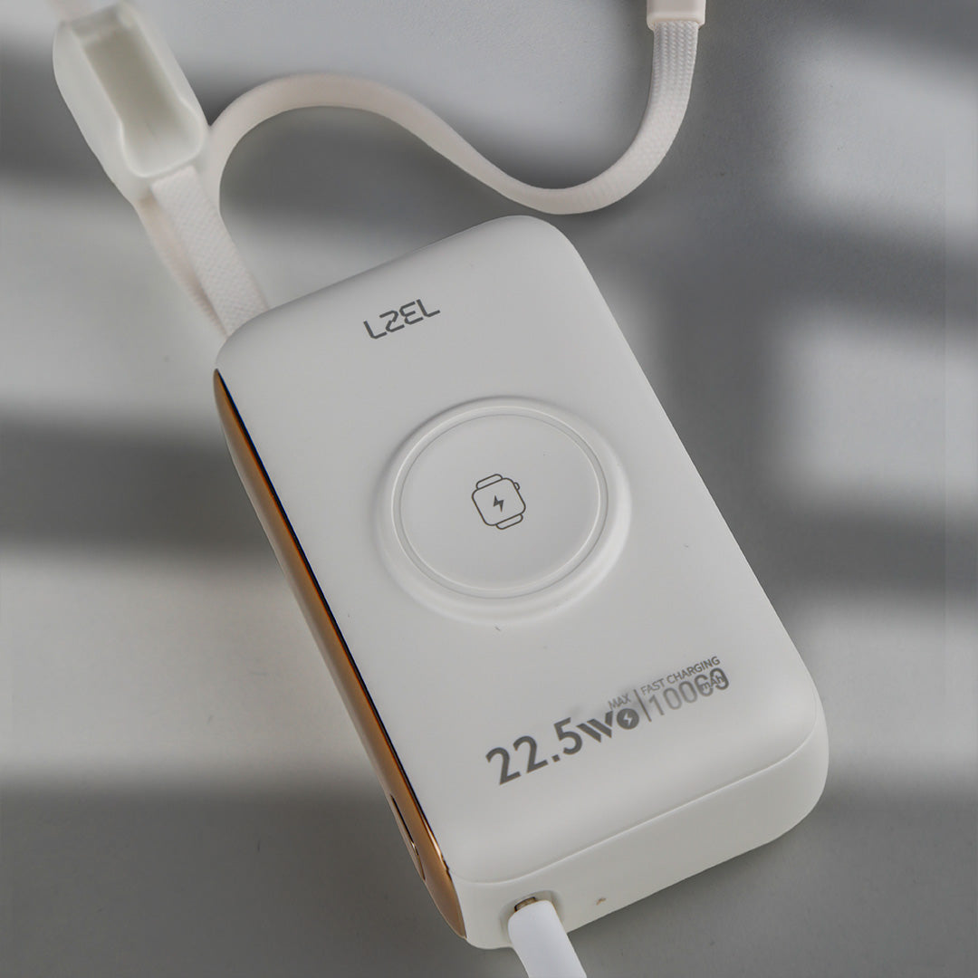 باور بانك LZEL Ampflow10 Mini – سعة 10000 مللي أمبير | شحن سريع 22.5 واط | كابلات مدمجة Type-C و Lightning | شحن لاسلكي