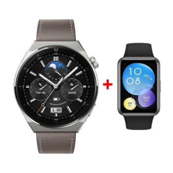 Huawei Watch Gt 3 Pro 46mm with Watch Fit 2 Light Titanium Leather Strap - Gray 